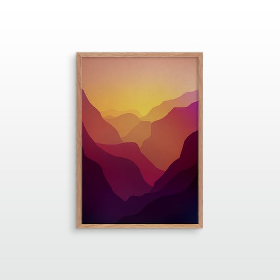 Landscape art print. Sunset valley with mountains. Serene wall decor for your home or workplace. Rich colors and fine texture.