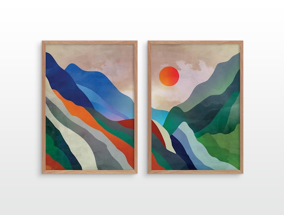 Set of two landscape art prints. Misty mountains. Decoration for your home or office.