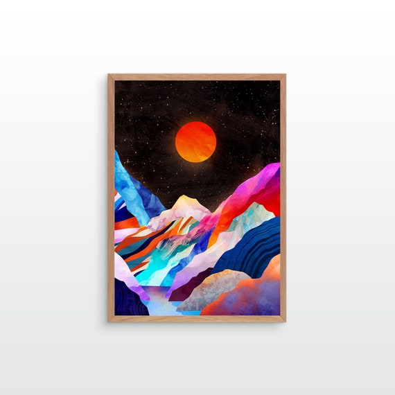 Moon over mountains. Mountain print. Ideal print for decorating your home or office.