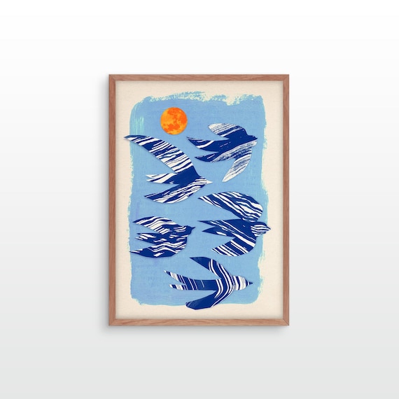 Flock of birds | Colorful fine art print created with a mixed media collage technique.