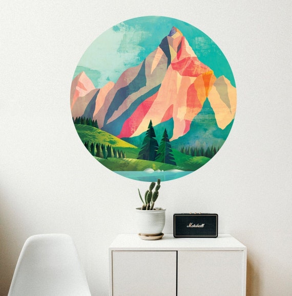 Mountain wall decal. Self adhesive, repositionable and removable fabric.