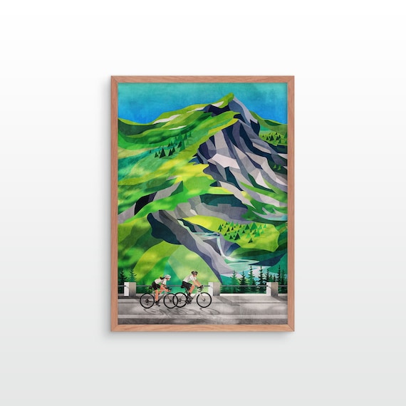 Cycling couple art print. Waterfall ride. Great gift for a cyclist.