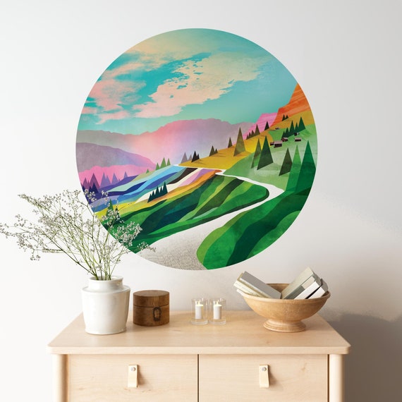 Landscape wall decal. Mountain road in Dolomites. Self-adhesive, repositionable, and removable fabric.