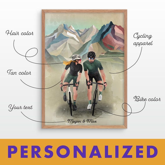 Perfect personalized gift for cycling couples. Romantic cycling art print. Gift for couples that love cycling.