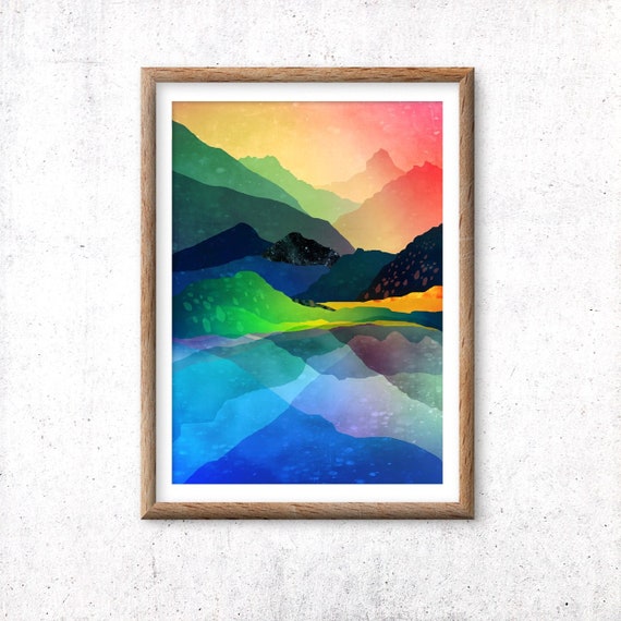 Landscape print. Mountains with sunset art print.