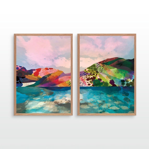 Set of two landscape art prints. Rainbow reflection.