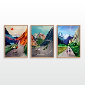 Stampa artistica di ciclismo. Coppia di ciclisti. Set di tre stampe artistiche di ciclismo. Un ricordo meraviglioso delle tue avventure in bici.