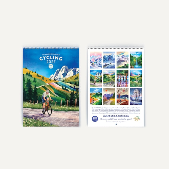 2027 DURIDO illustrated Cycling Wall Calendar, 12 Month Organizer for Cyclists