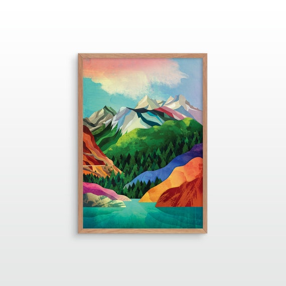 Mountain fine art print with high peaks, lush forest, and a crystal clear lake. Perfect wall decoration for your home or workplace.