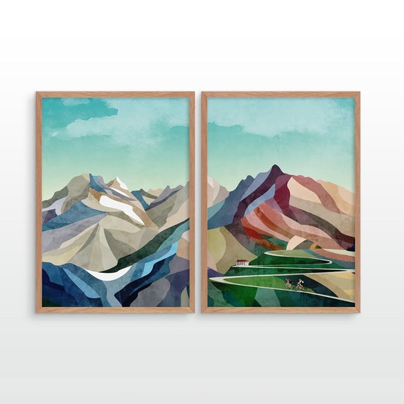 Set of two cycling art prints. High in the mountains.