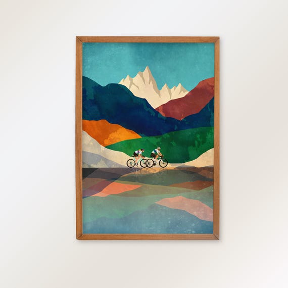 Couple Cycling Art Print: Mountain Landscape Illustration