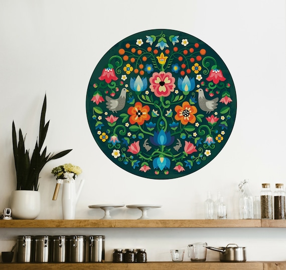 Mountain flowers wall decal. Self-adhesive, repositionable and removable fabric. Folk motif wall decoration.