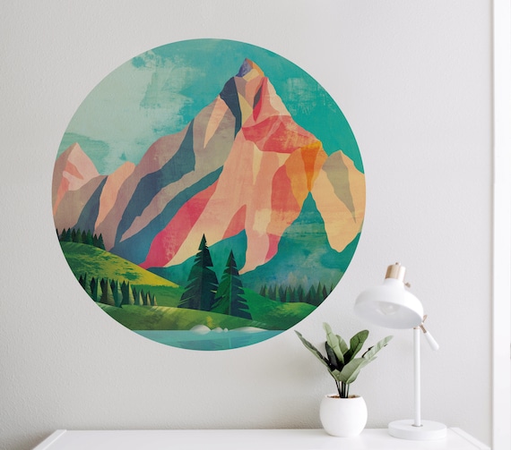 Mountain wall decal. Self adhesive, repositionable and removable fabric. Colorful decoration for your home.