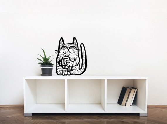 Coffee cat wall decal. Wall decor for coffee lovers.