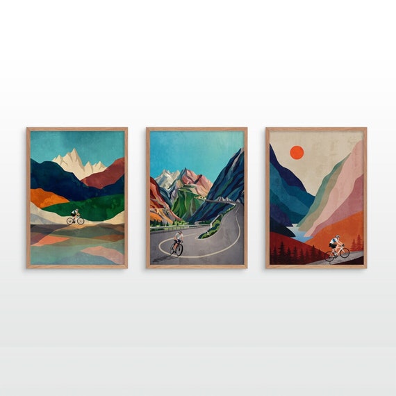 Set of three cycling art prints.