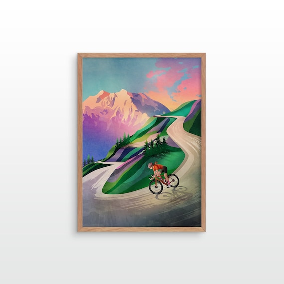 Woman cyclist. Cycling art print. Descent at sunset.