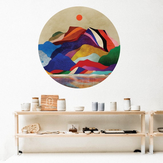 Colorful mountains wall decal. Self adhesive, repositionable and removable fabric.