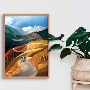 May include: A digital illustration of two cyclists riding up a winding road through a mountain landscape. The sky is blue with white clouds and the mountains are a mix of green, brown, and white.