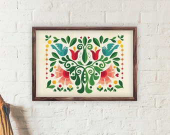 Love Birds Art Print: Folk Kitchen Decor, Mojca Dolinar Illustration