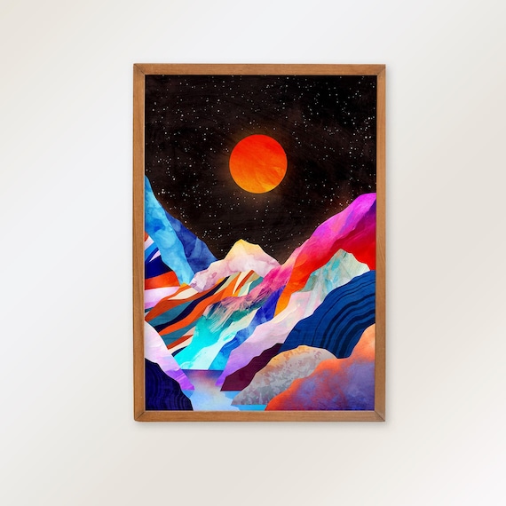 Moon over mountains. Mountain print. Ideal print for decorating your home or office.