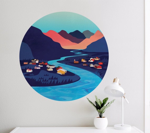 Village by the river. Self adhesive, repositionable and removable fabric. Perfect decoration for your wall.