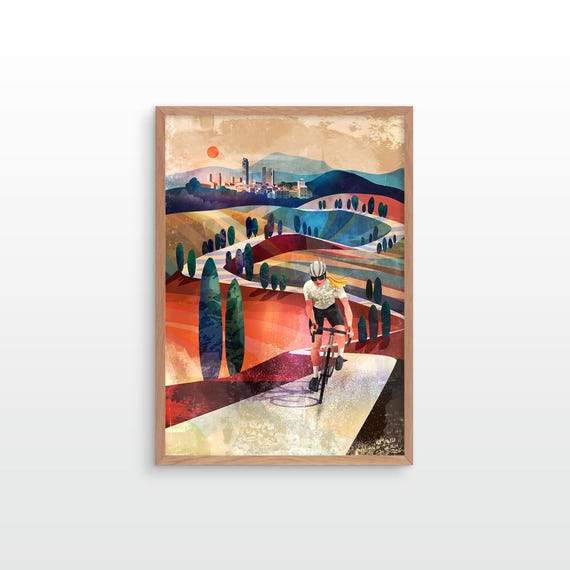 Fine art print of a woman cycling in Tuscany, Italy. Perfect motivational poster.