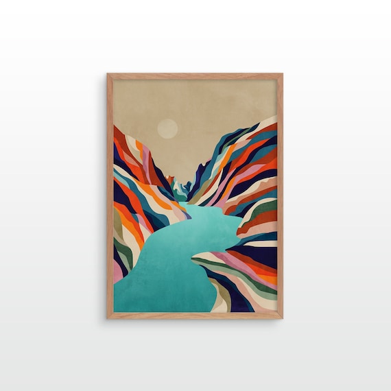 Water is life. Fine art print capturing a river flowing through a canyon surrounded by mountains. Colorful decoration for your walls.