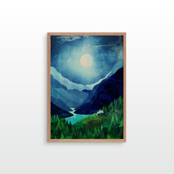 Landscape art print. Moonlight shadow. Mountain print. Ideal print for decorating your living room or office.