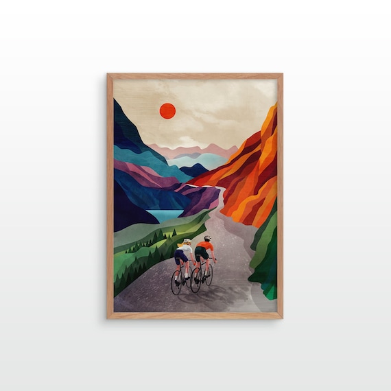 Cycling Couple art print. Cycling high in the mountains with a colorful landscape. Perfect gift for cyclists.