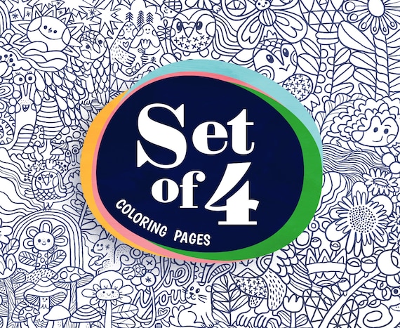 Set of 4 different colouring pages for kids. Animals in the forest. Gift under 30 Eur.