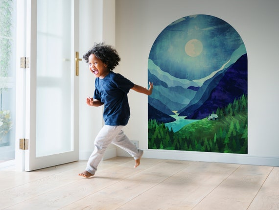 Arched wall decal. Moonlight mountains Self adhesive, repositionable and removable fabric.