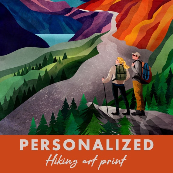 Personalized hiking art print. Great gift for a hiking couple or mountaineers. Perfect surprise for your friend or your loved one.