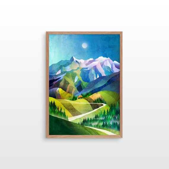 Mountain hut high in the mountains. Fine art print for hikers and outdoor lovers. Perfect decoration and memory of a hiking trip.