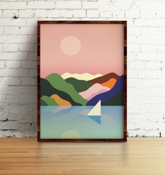 Sailing. Art print. Mountains and ocean Illustration.