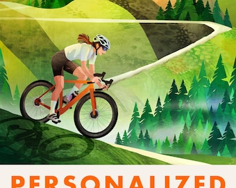 Personalized Cycling Art Print: Woman cyclist descending