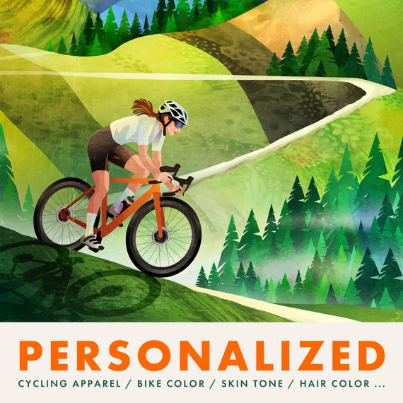 Personalized Cycling Art Print: Woman cyclist descending