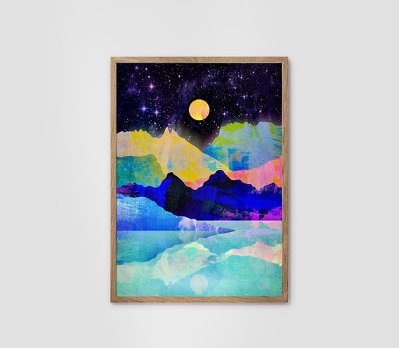 Landscape art print. Moon and mountains. Ideal print for decorating your home or office.