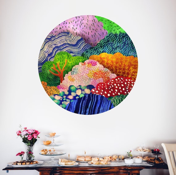 Colorful forest wall decal. Self-adhesive, repositionable, and removable fabric.