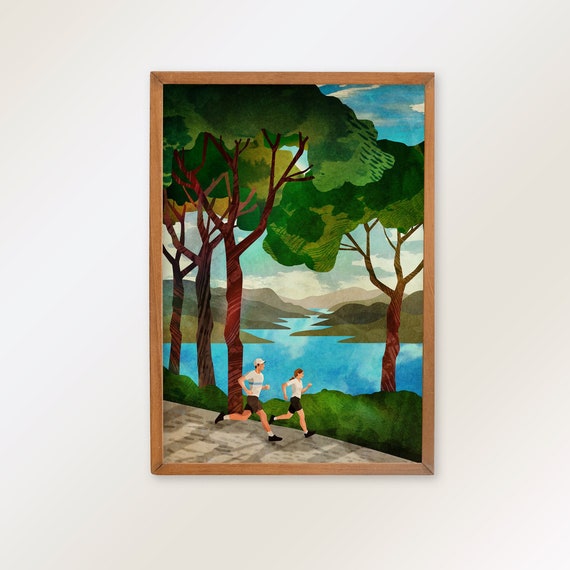 Runners art print. Trail running by the alpine lake. Feeling strong and free when running.