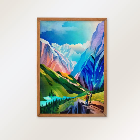 Hikers and high mountains around them. Enjoying the view on a hike. Perfect memory and wall decoration for your home or office.