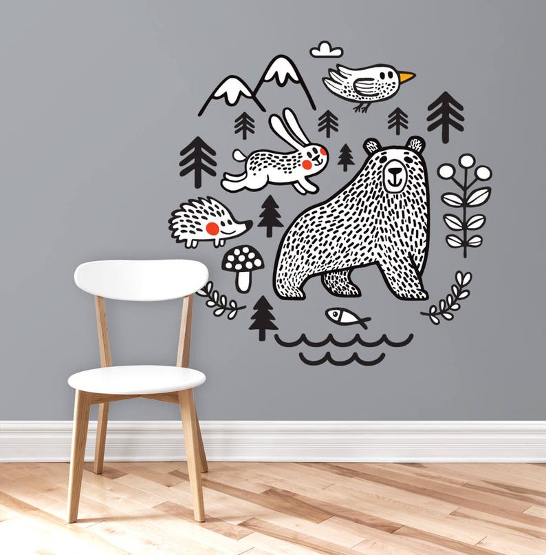 nursery decor. woodland black and white wall decal. nursery | etsy