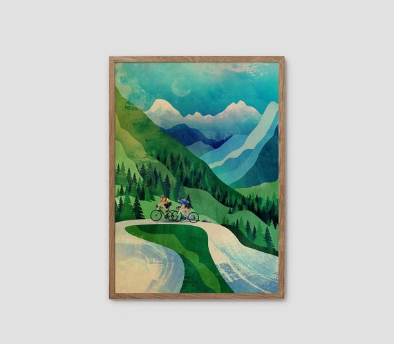 Cycling couple art print. Great gift for cyclists and a perfect memory of a mountain climb.