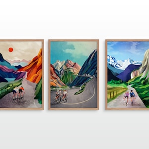 Cycling art print. Couple cycling. Set of three cycling art image 1