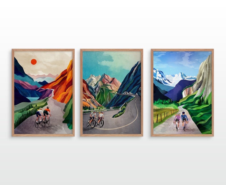 Cycling art print. Couple cycling. Set of three cycling art image 1