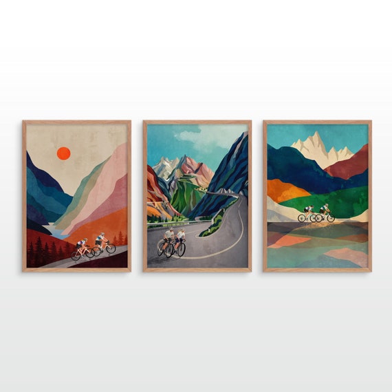 Cycling couple. Set of three cycling art prints.