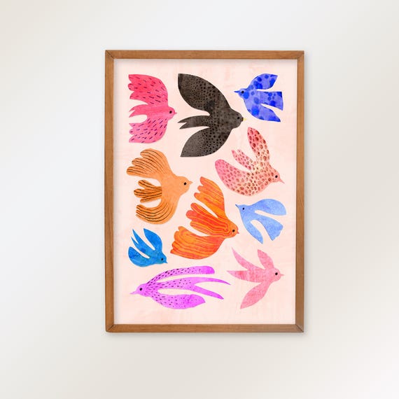 Colorful world of birds | Fine art print created with a mixed media collage technique.