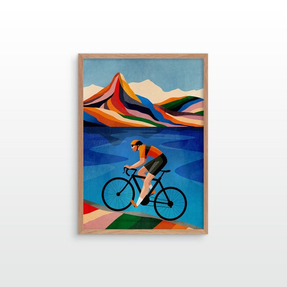 Cycling landscape print. Cyclist ascending in mountains. Ideal print for decorating your living room or office.