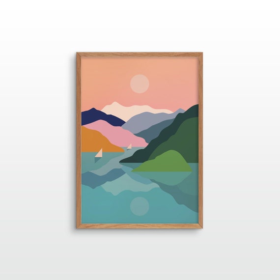 Art print. Sailing away. Mountains and ocean Illustration.