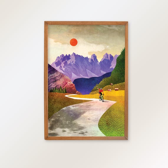 Cycling Art Print. Sunlit Ascent. Illustrated Landscape Print. A true gift for cyclists.