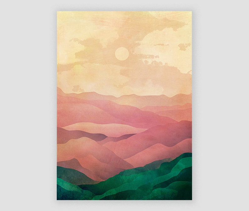 Pink and Green Landscape. Landscape Art. Etsy